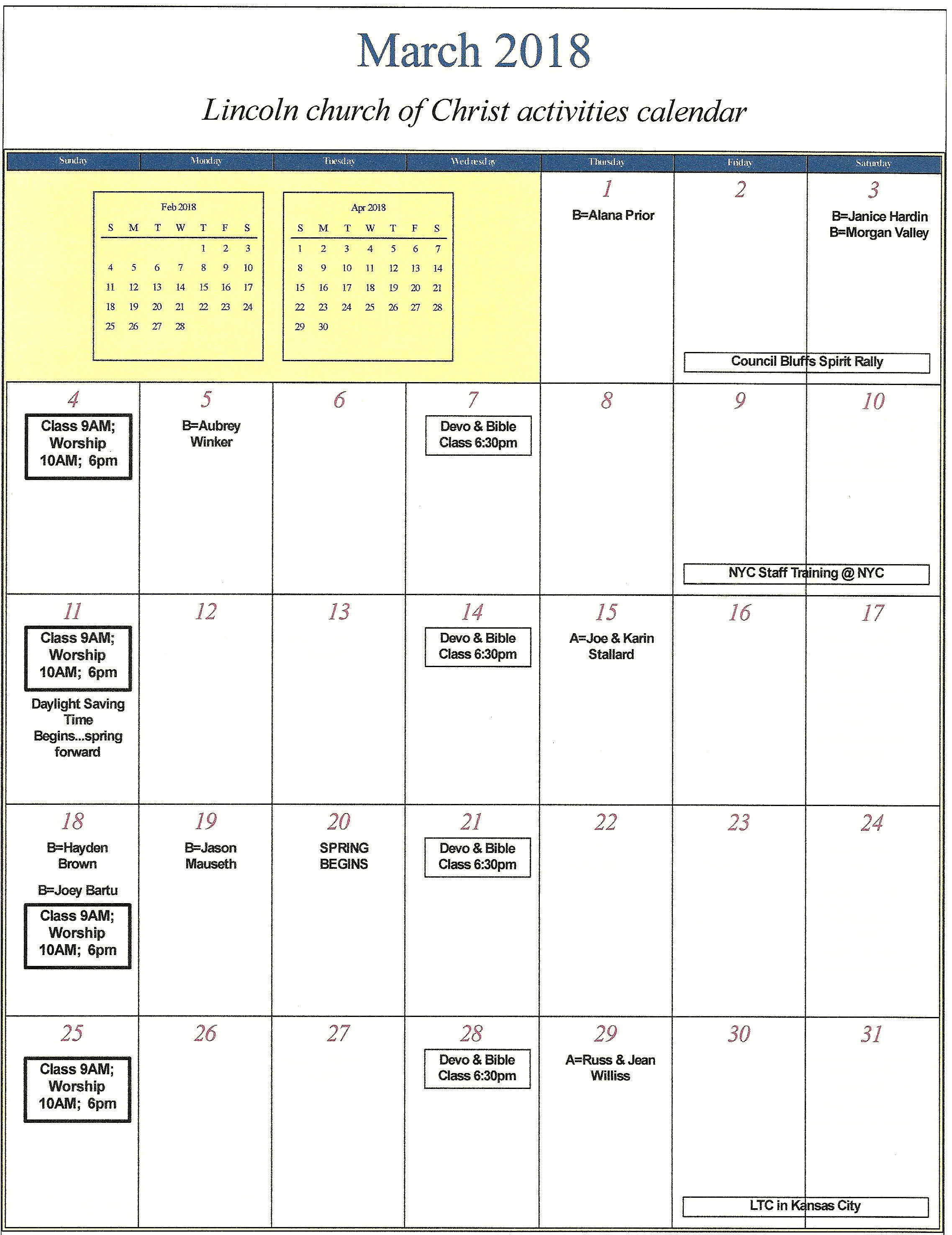 Calendar Lincoln church of Christ