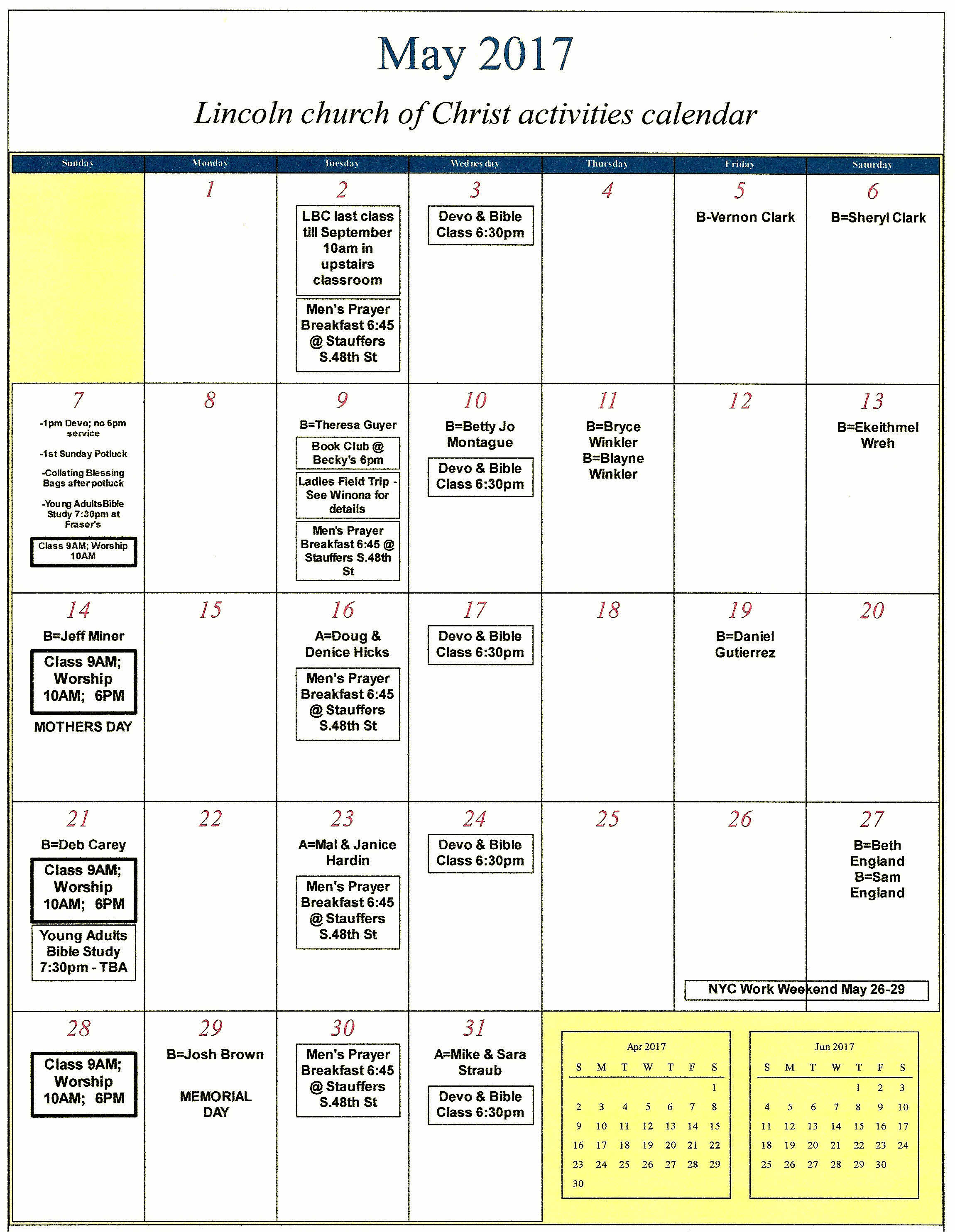 Calendar Lincoln church of Christ