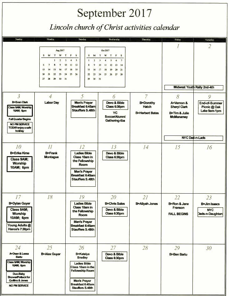 Calendar Lincoln church of Christ
