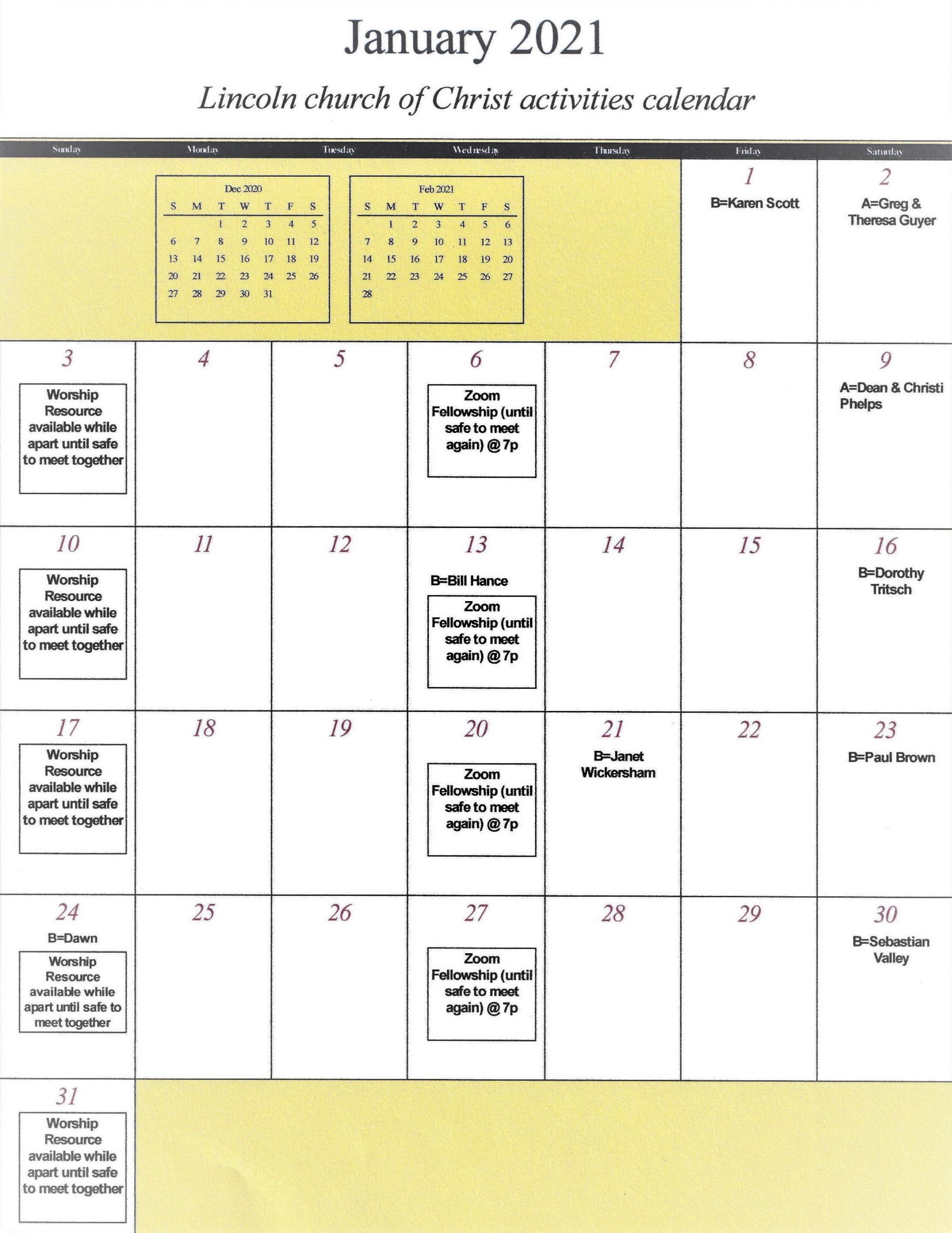 Calendar Lincoln church of Christ