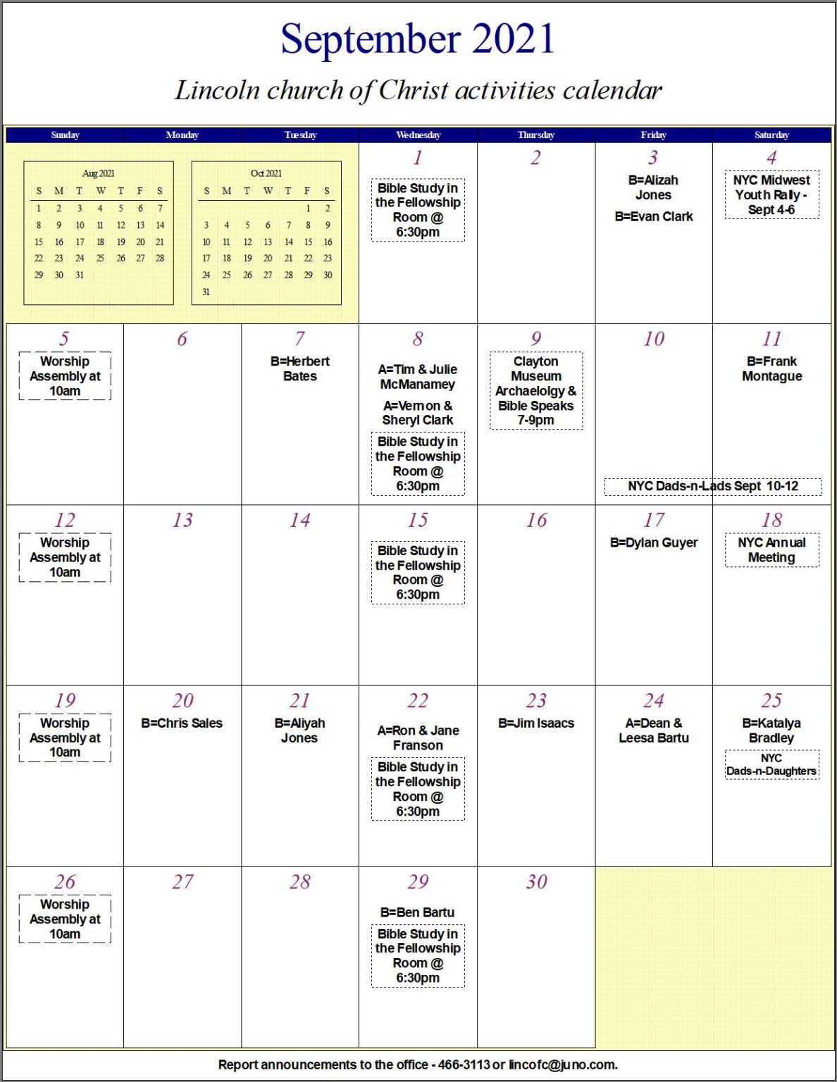 Calendar Lincoln church of Christ